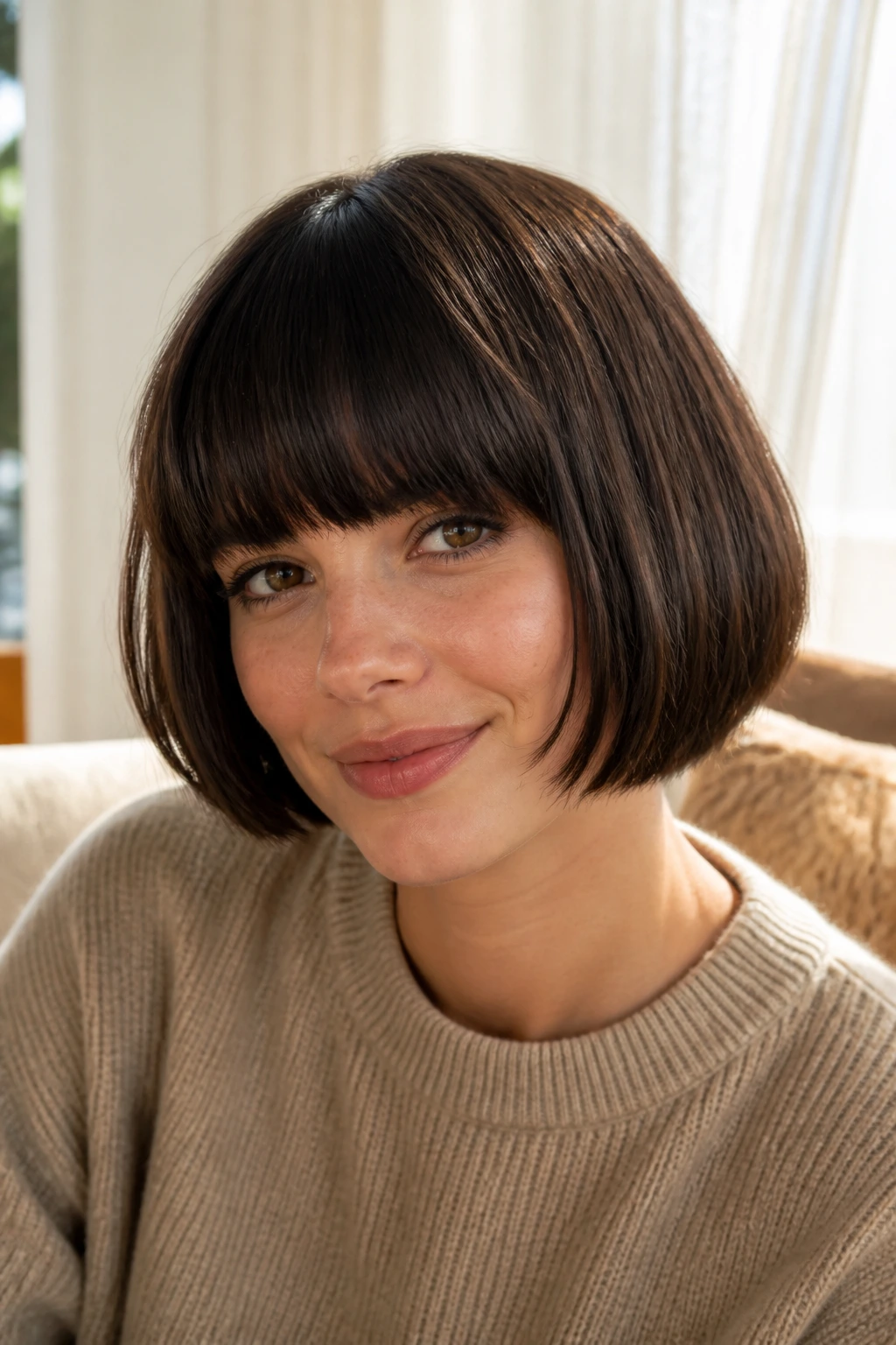 Close-up of a real woman with chin-length bob and heavy fringe in sunlit room