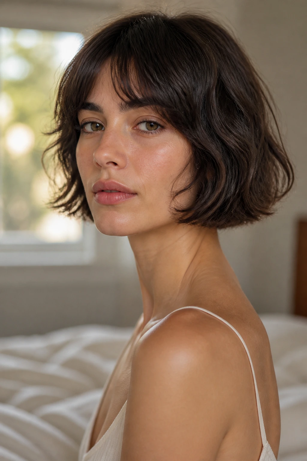 Close-up of a real woman with a jaw-length French bob and natural waves