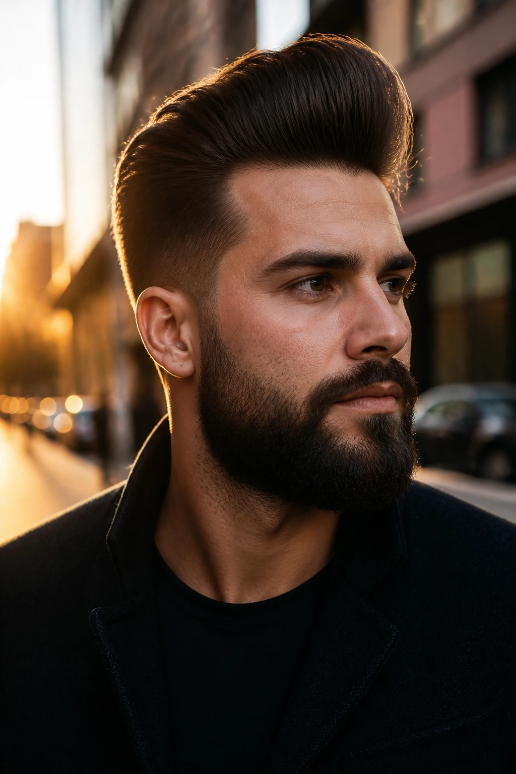 Portrait of a man with classic pompadour and beard on city street at golden hour.