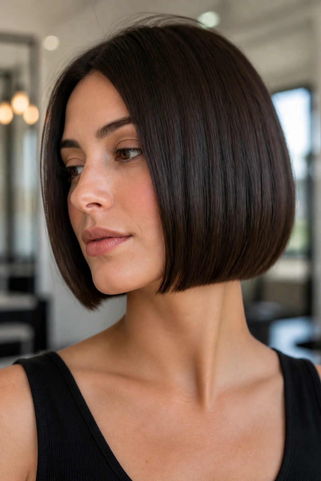 Close-up portrait of a real woman with a perfectly rounded classic bob