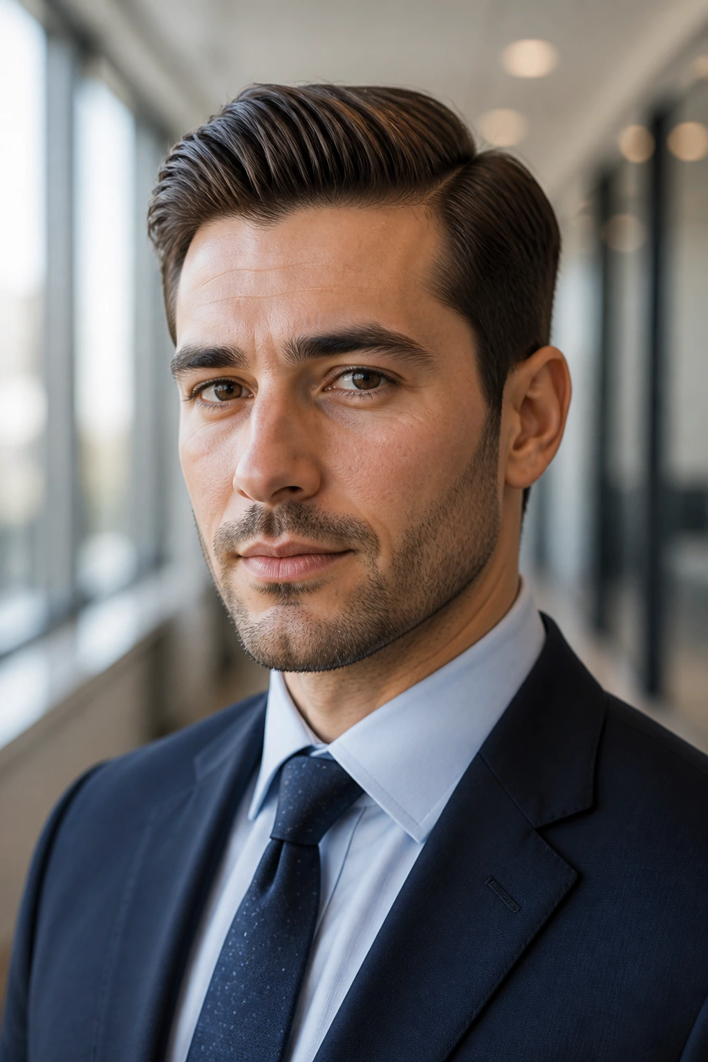 Close-up portrait of a man with a classic side-part hairstyle in an office setting.