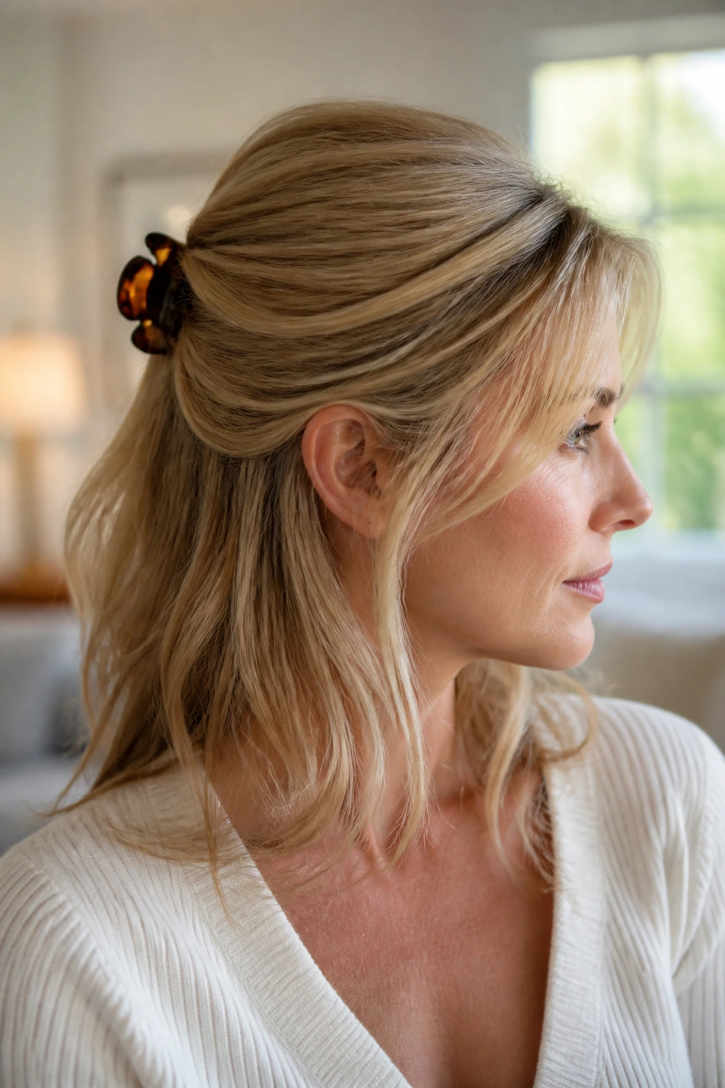 Portrait of a real woman showing a claw clip half-up hairstyle with crown lift