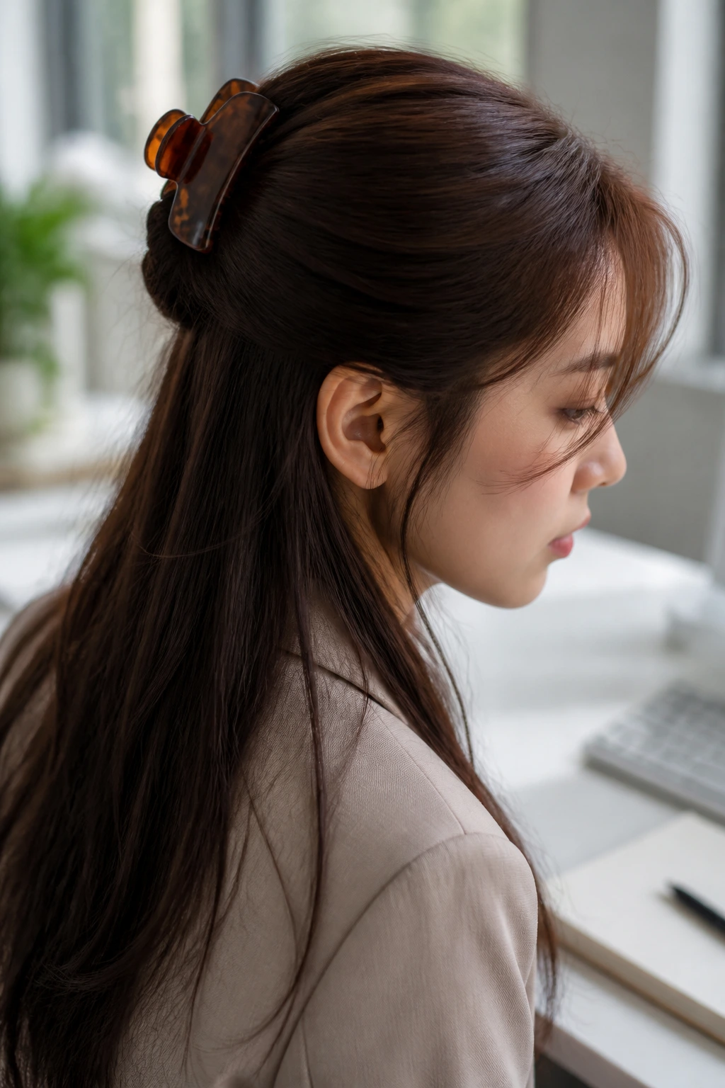 Portrait of a real woman with a half-up claw clip hairstyle in a bright office.