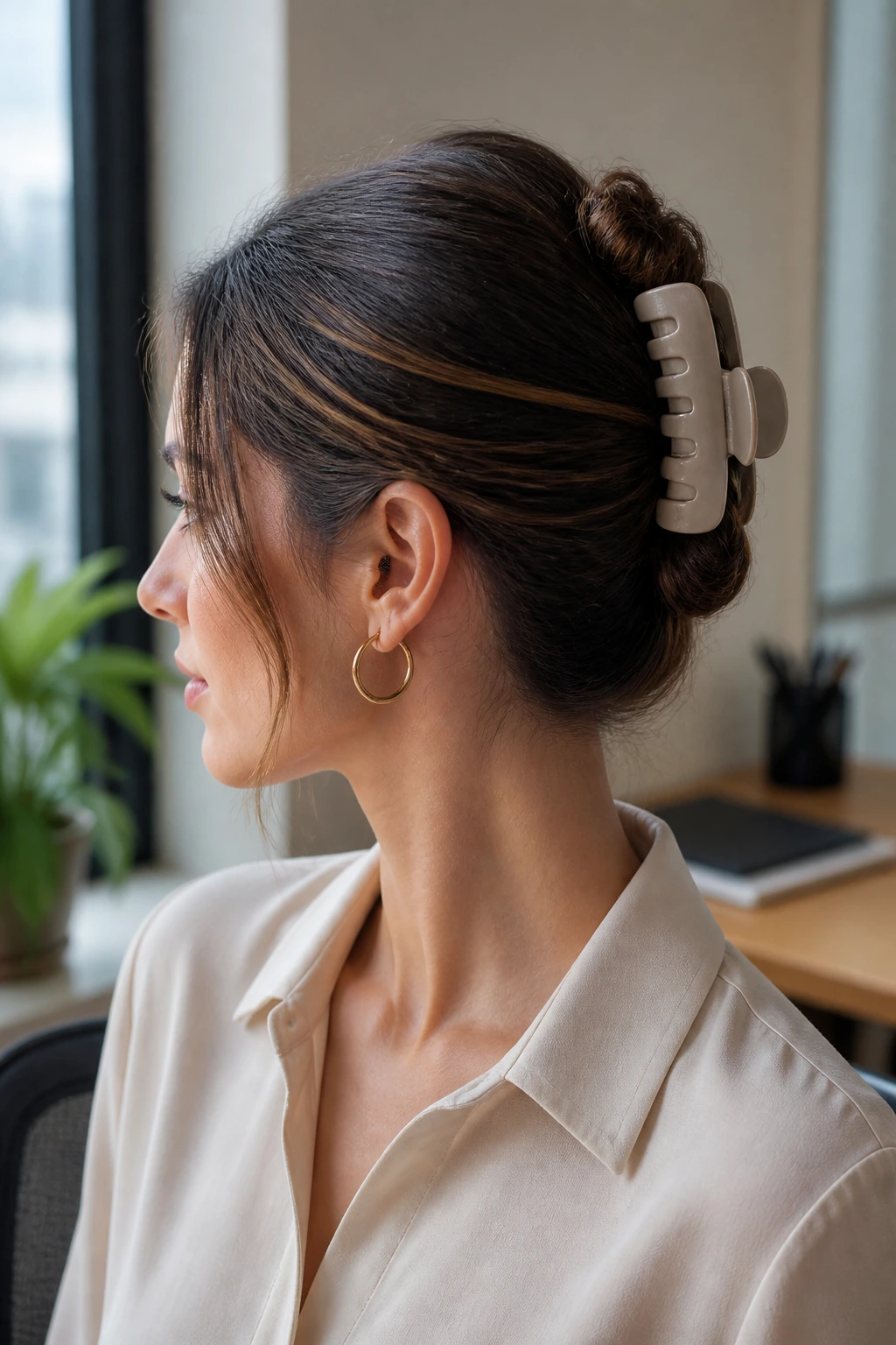 Close-up of a real woman wearing a minimalist claw clip in a low twist hairstyle in an office setting