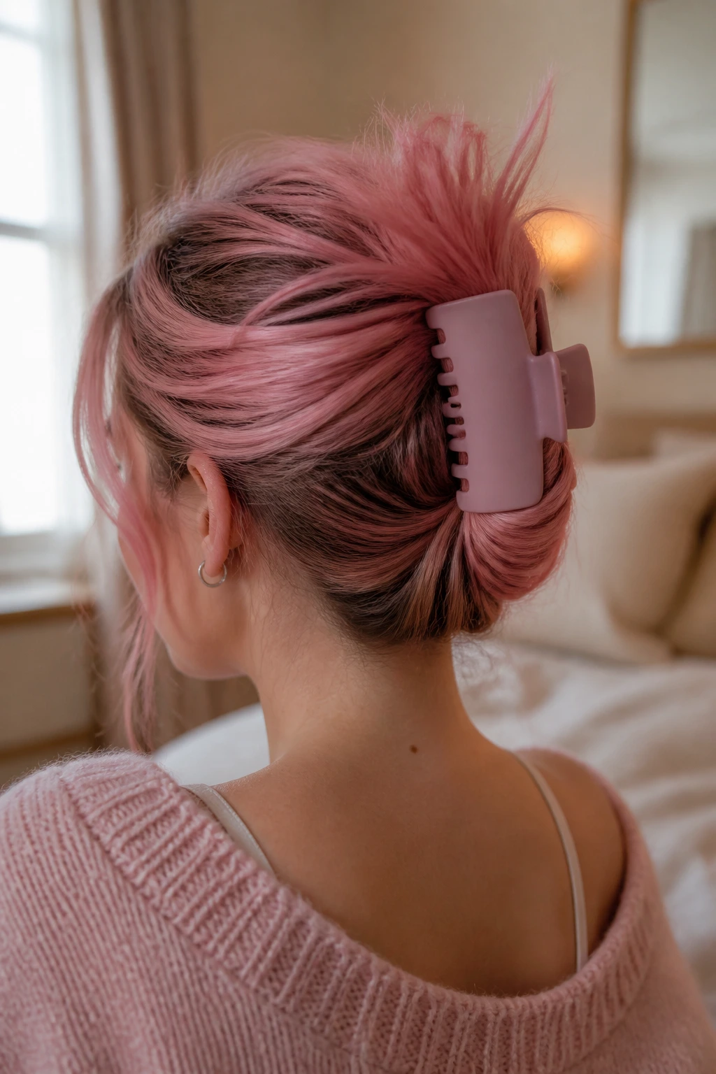 Close-up portrait of a real person with pink hair in a claw-clip twist