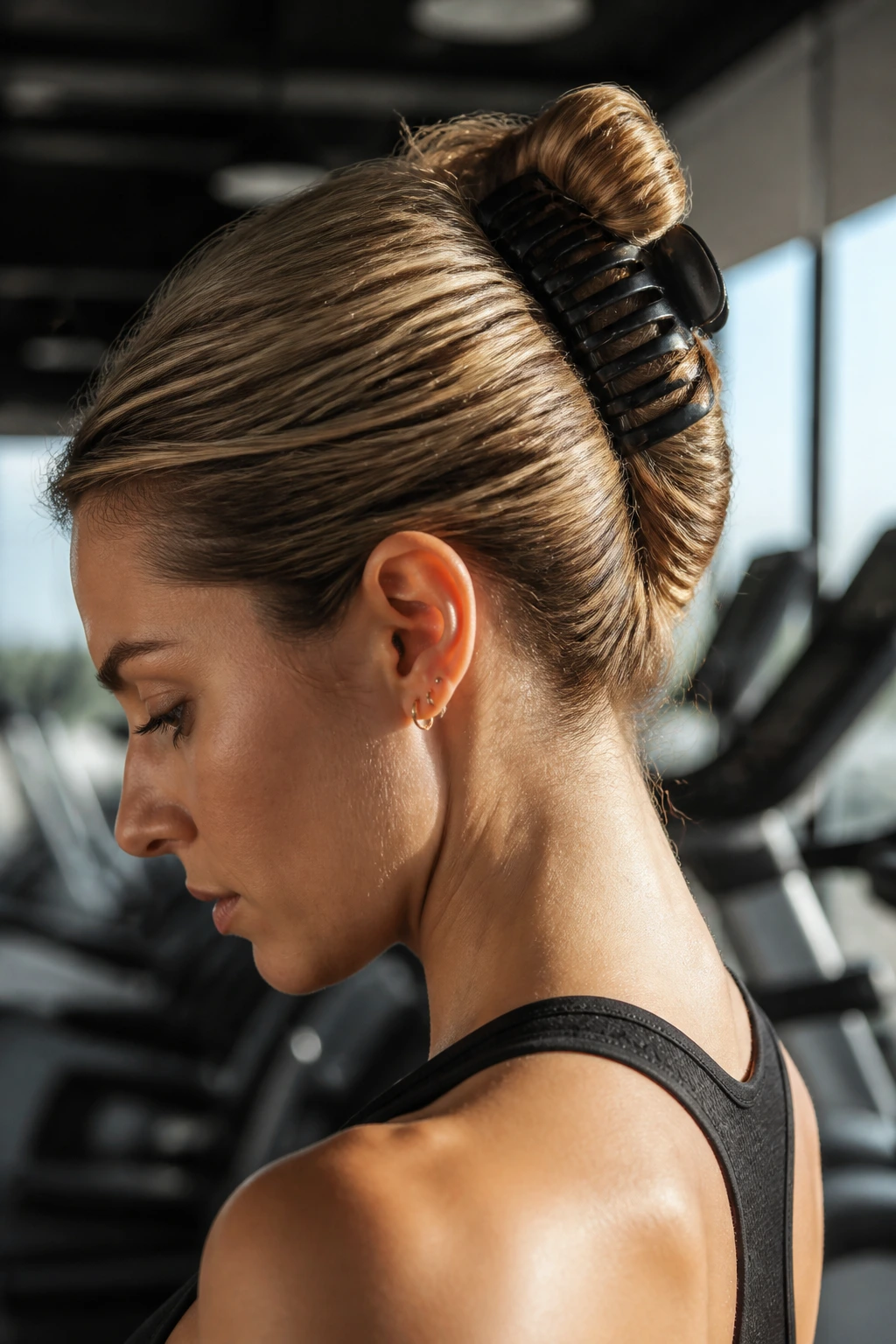 Close-up of a real woman with a corkscrew twist secured by a matte claw clip at the crown during a workout