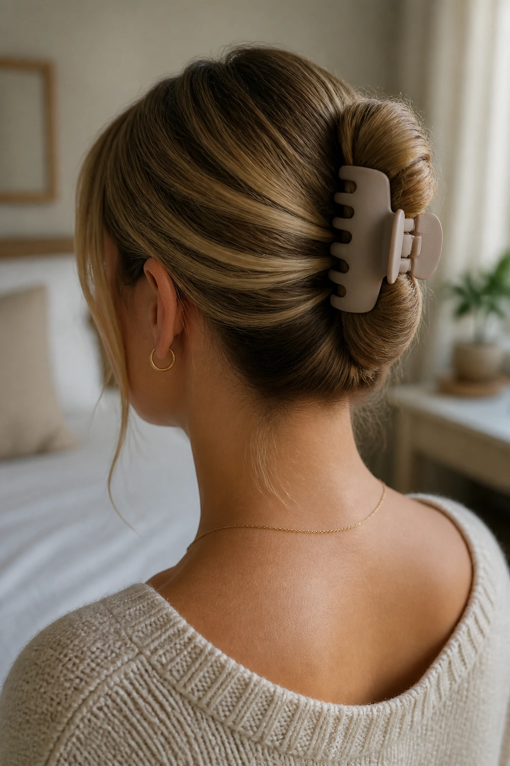 Real woman with an elevated twist secured by a matte claw clip, back view showing hairstyle
