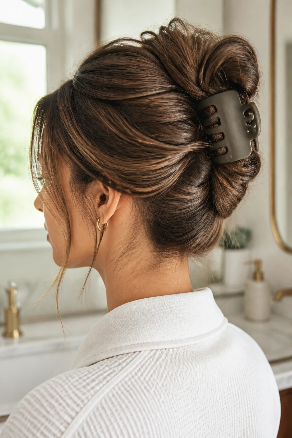 Close-up of woman with a French twist secured by matte claw clip, dramatic yet soft