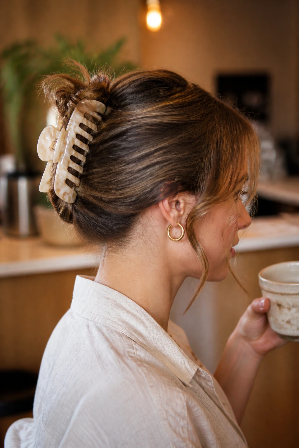 Close-up of a real woman wearing a large claw clip twist hairstyle