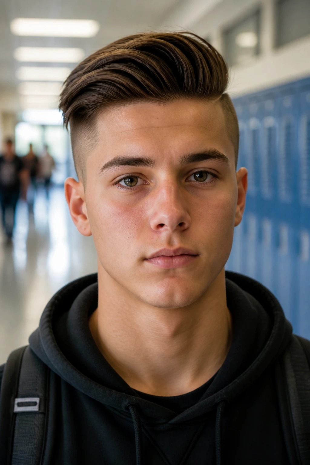 Close-up portrait of teen with a clean undercut in school hallway light