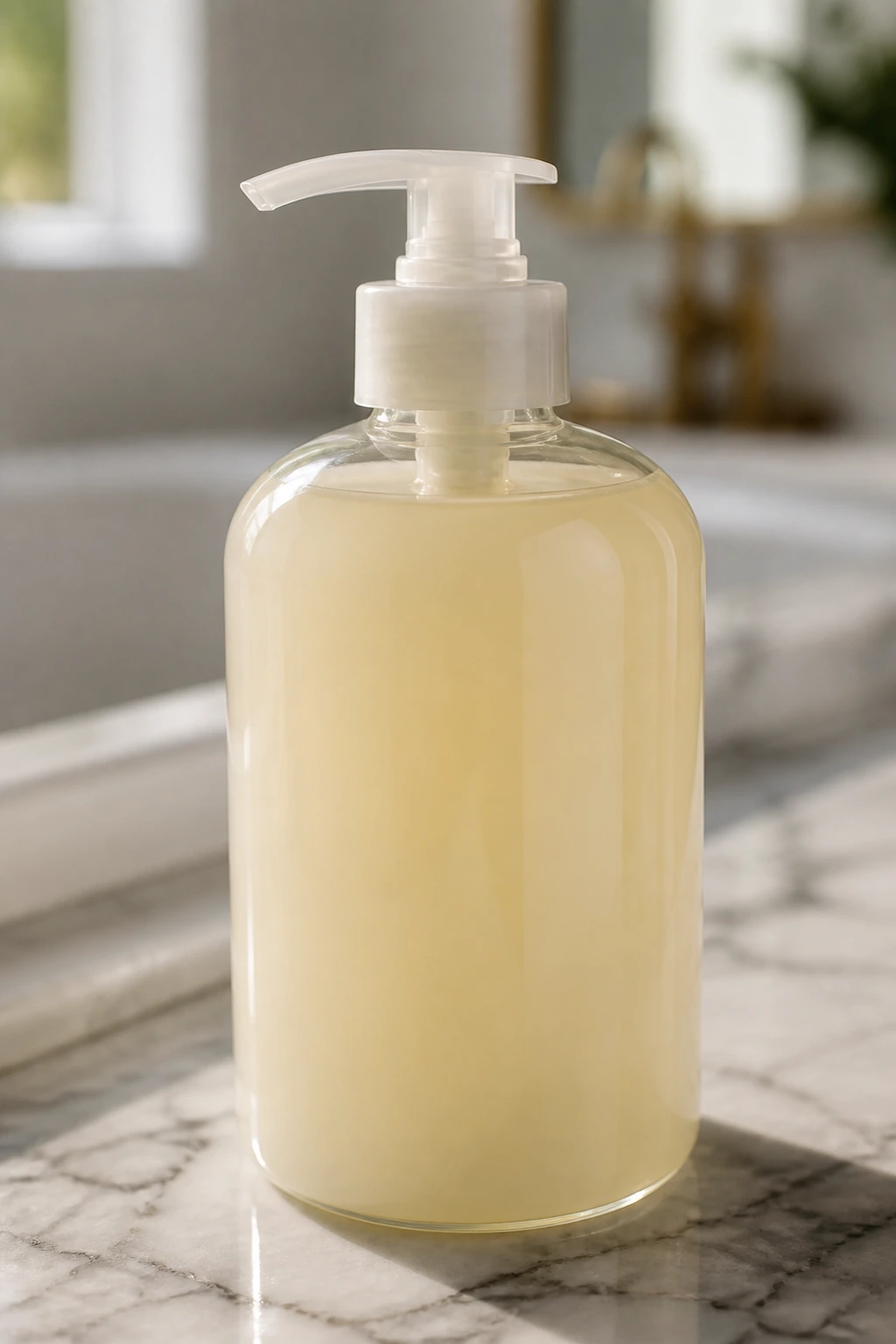 Close-up of a pale cleanser bottle on a bathroom counter