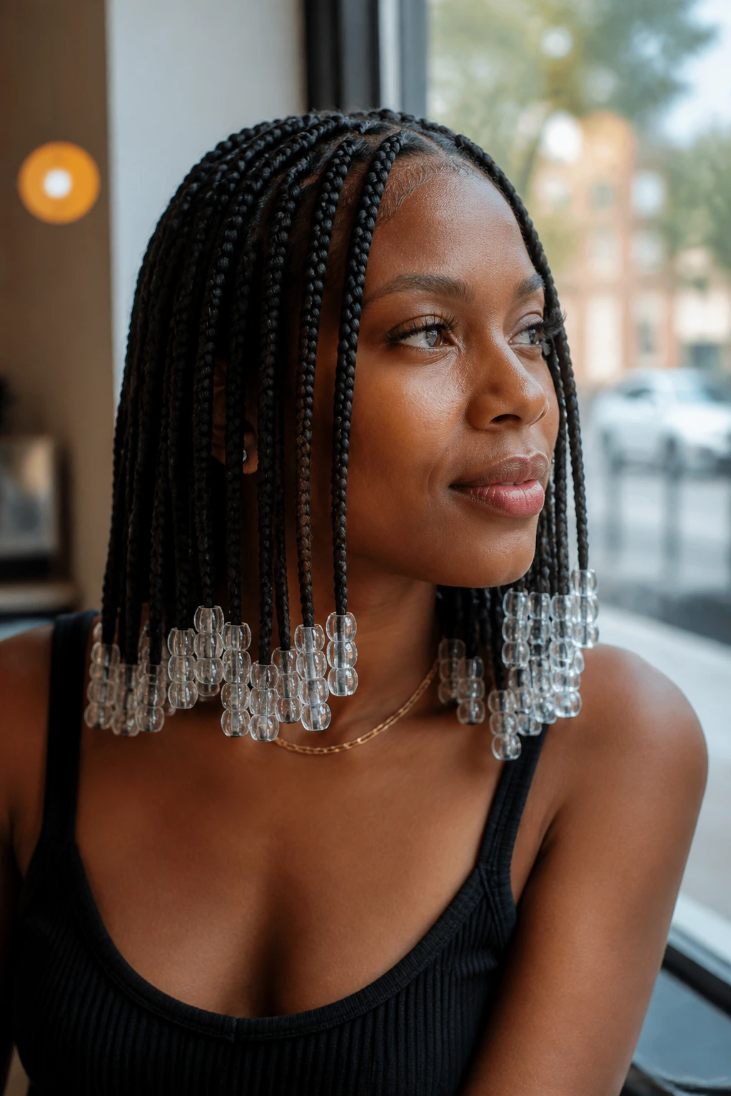Close-up of clear acrylic beads on braids in a cafe setting