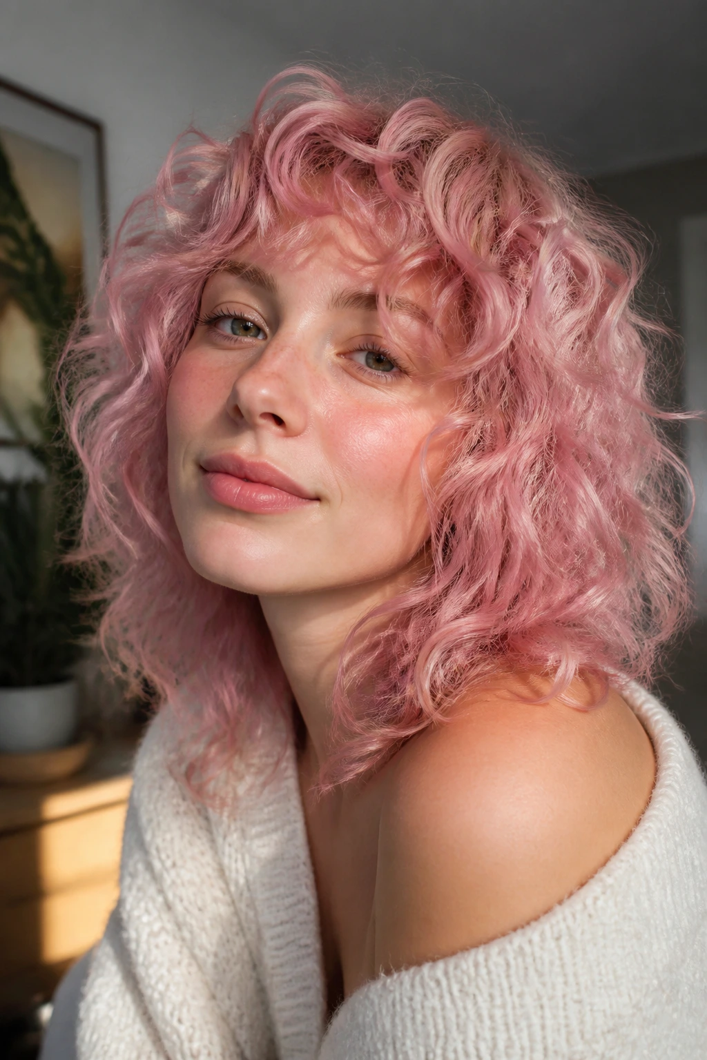 Close-up of a real woman with cloud pink curly shag hairstyle in natural light