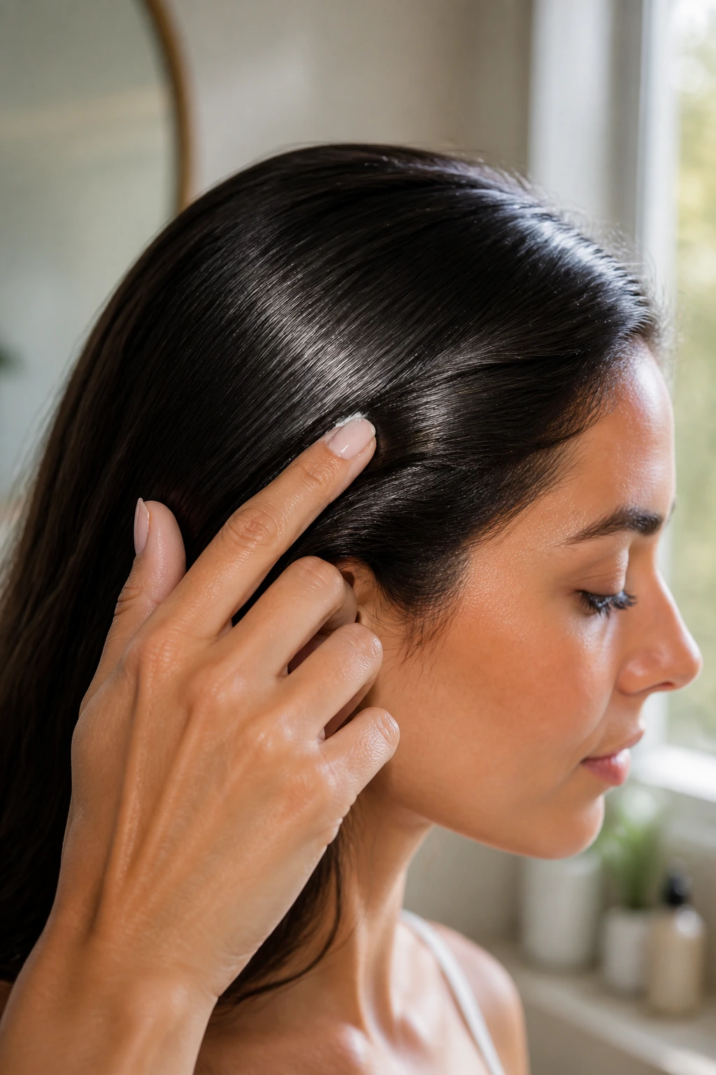 Close-up of real woman's hair with a coconut oil shine being lightly tapped onto the surface