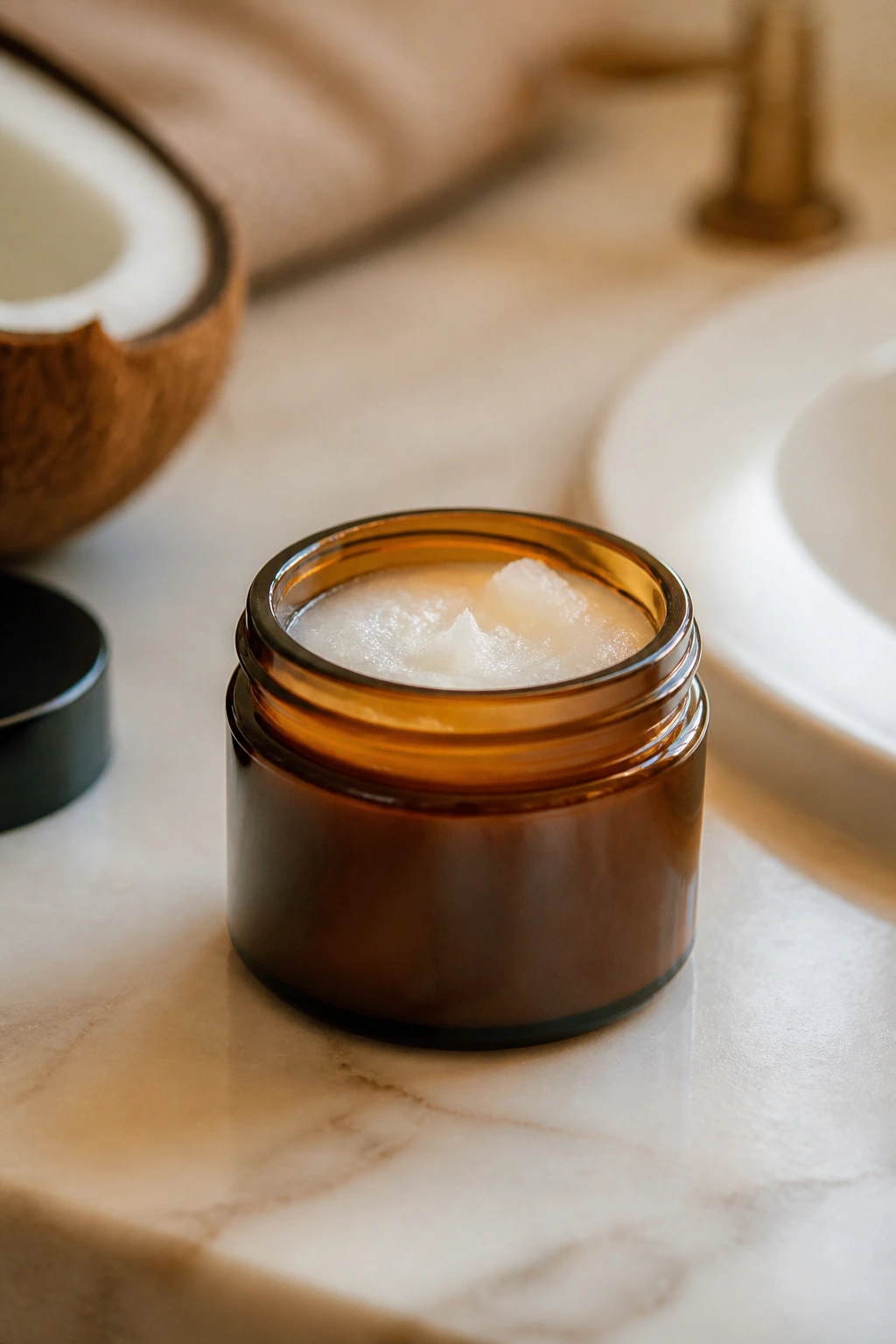 Small travel coconut oil jar on bathroom counter in warm light