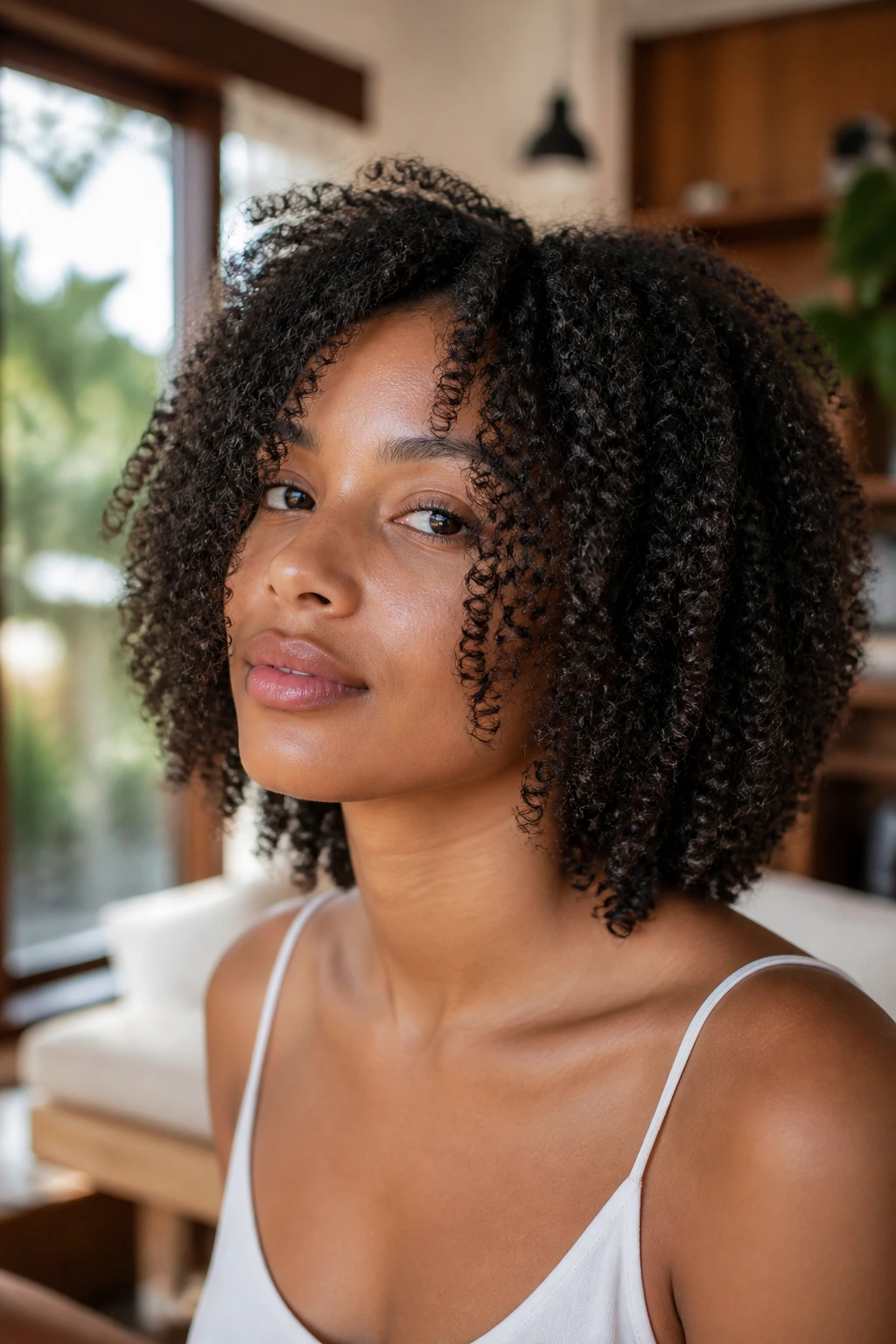 Close-up of a real person with tight coil face-framing layers.