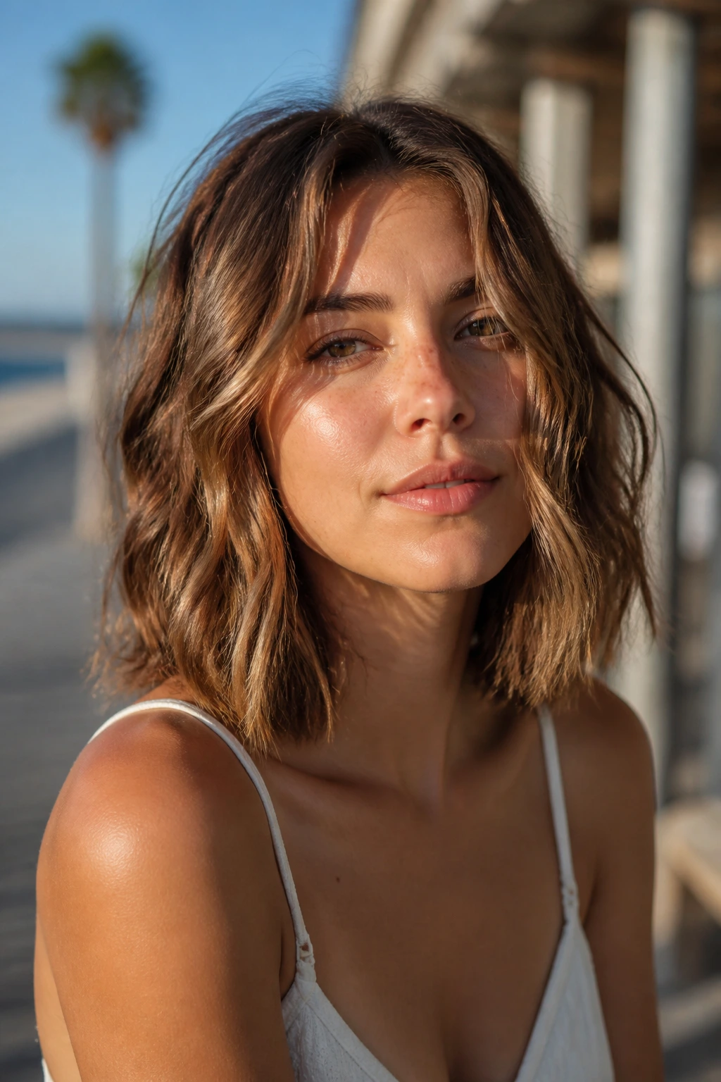 Portrait of a real person with a blunt collarbone-length cut and beach waves