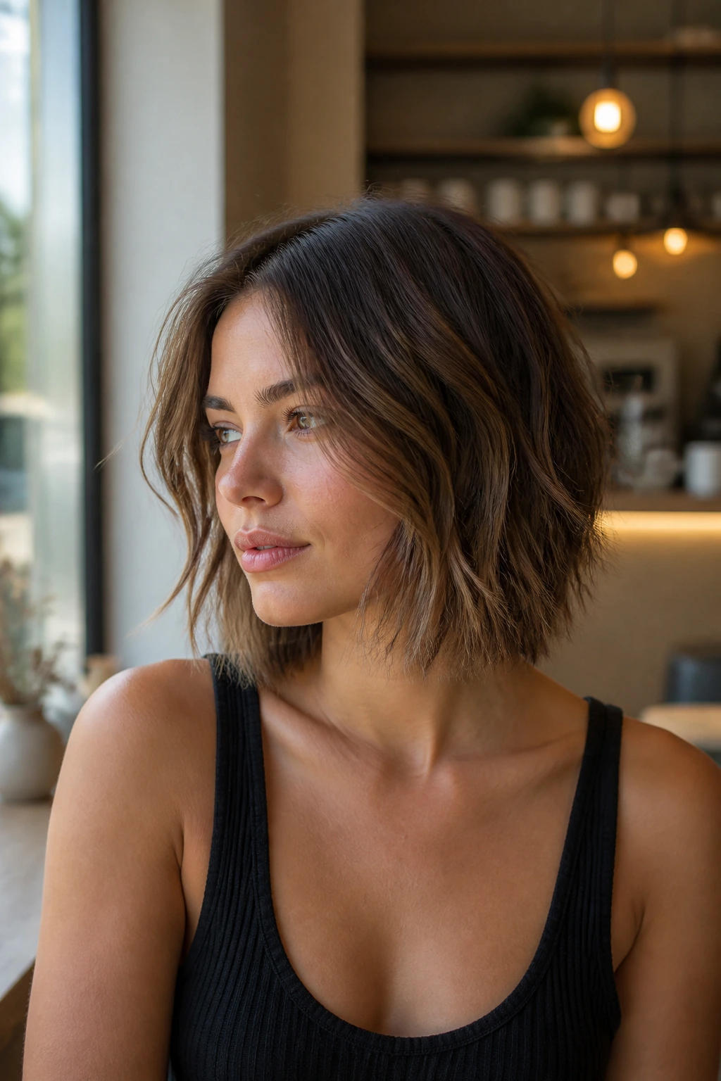 Close-up of a real woman with a collarbone-length choppy bob and layered ends