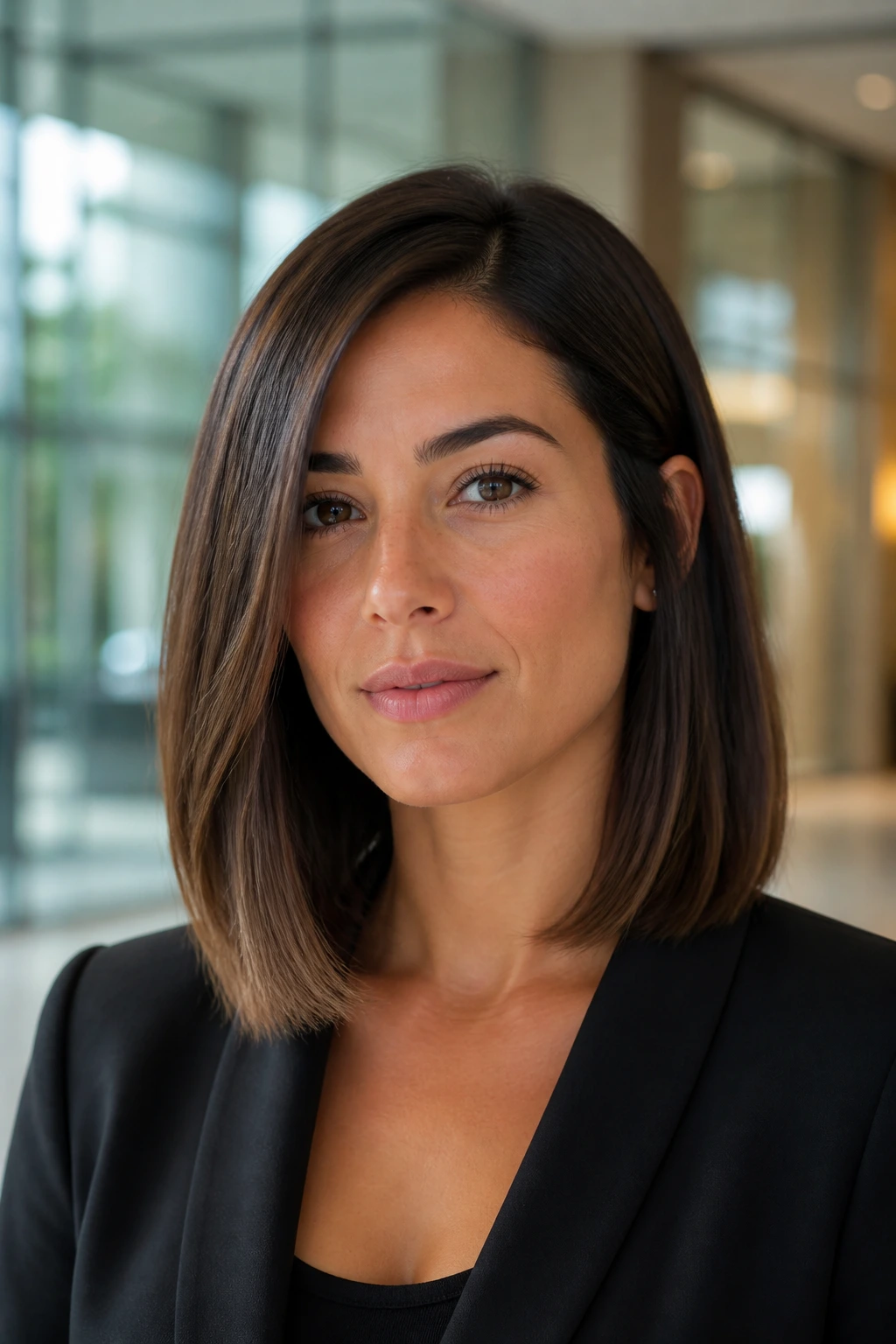Close-up portrait of a real woman with collarbone-grazing sleek lob in office light