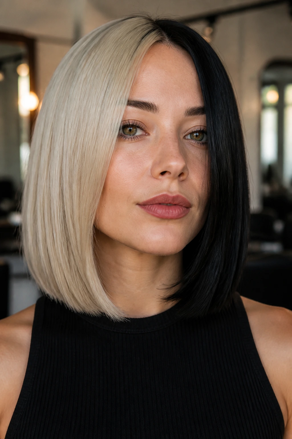 Close-up portrait of a real woman with a platinum blonde and black color-blocked lob.