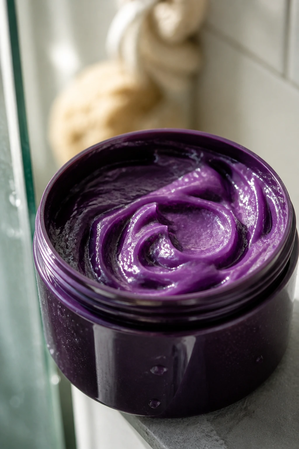 Close-up of a color-depositing curl mask jar with purple gel under bathroom light