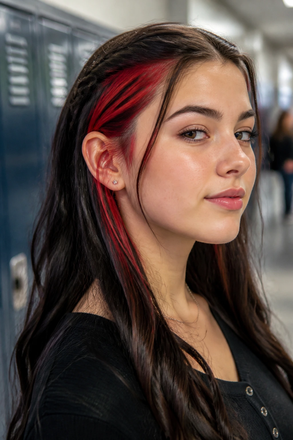 Close-up of a real person with bold color streaks at temple
