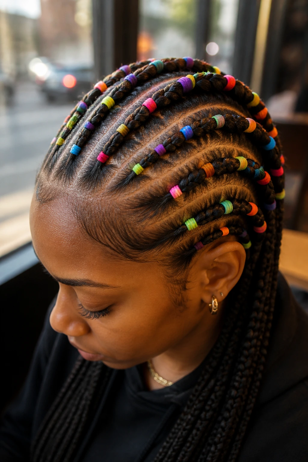 Close-up of cornrows with bright elastic bands