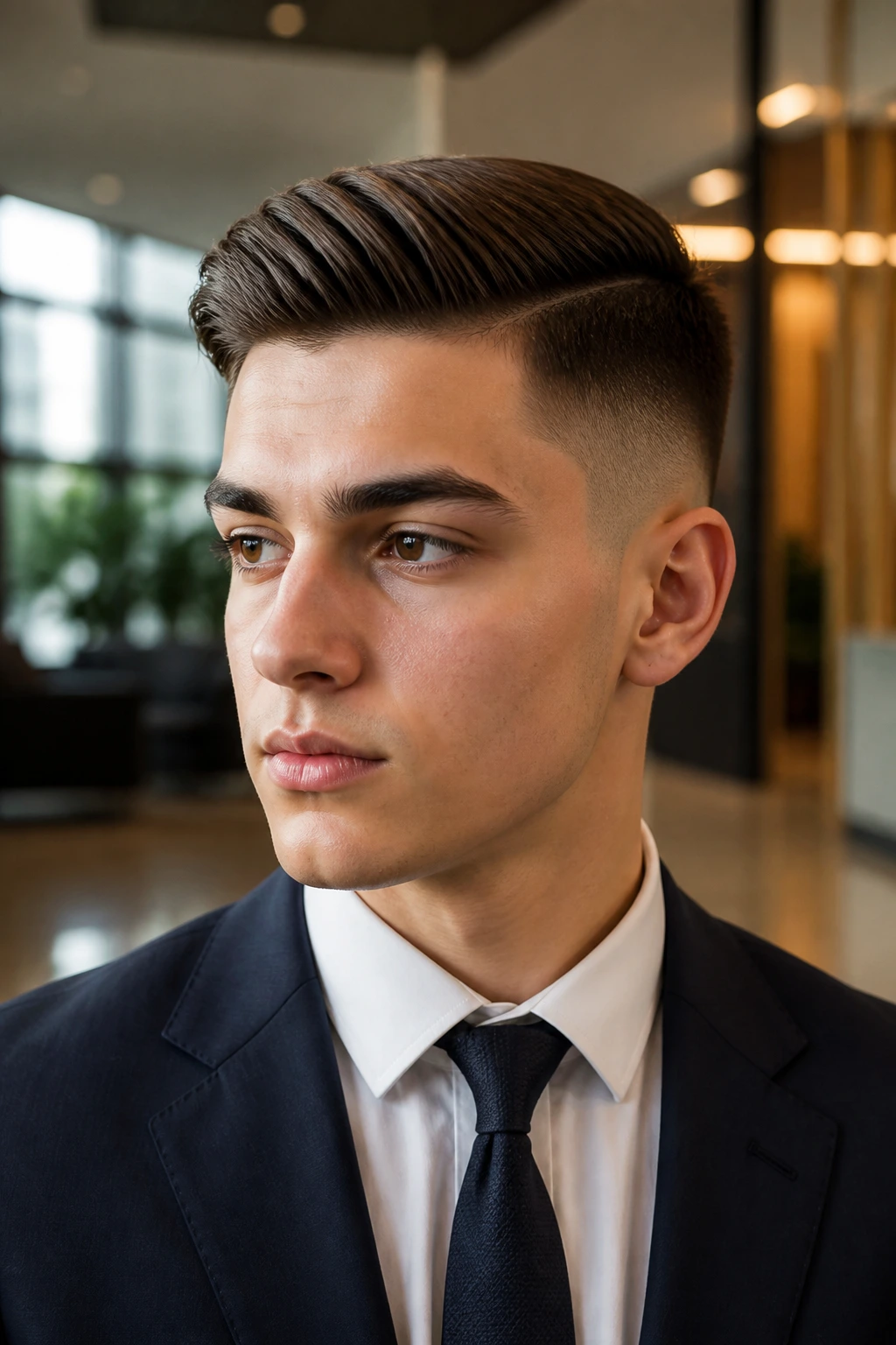 Close-up of a young man with a comb-over with fade hairstyle in a professional setting