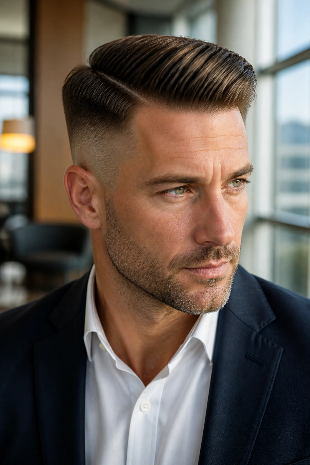 Close-up portrait of a man with a comb-over fade hairstyle in an office setting