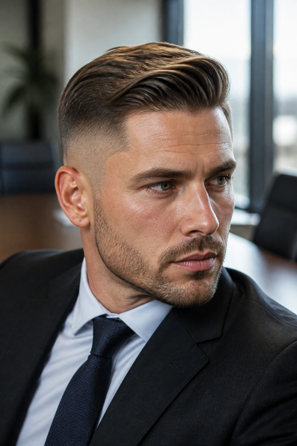 Close-up of a man with a comb-over fade in a boardroom