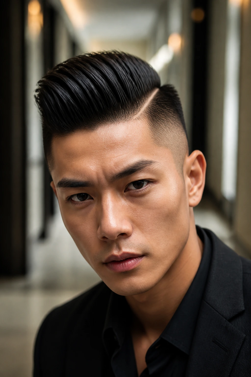 Close-up portrait of a man with comb-over fohawk in a fashion editorial setting.