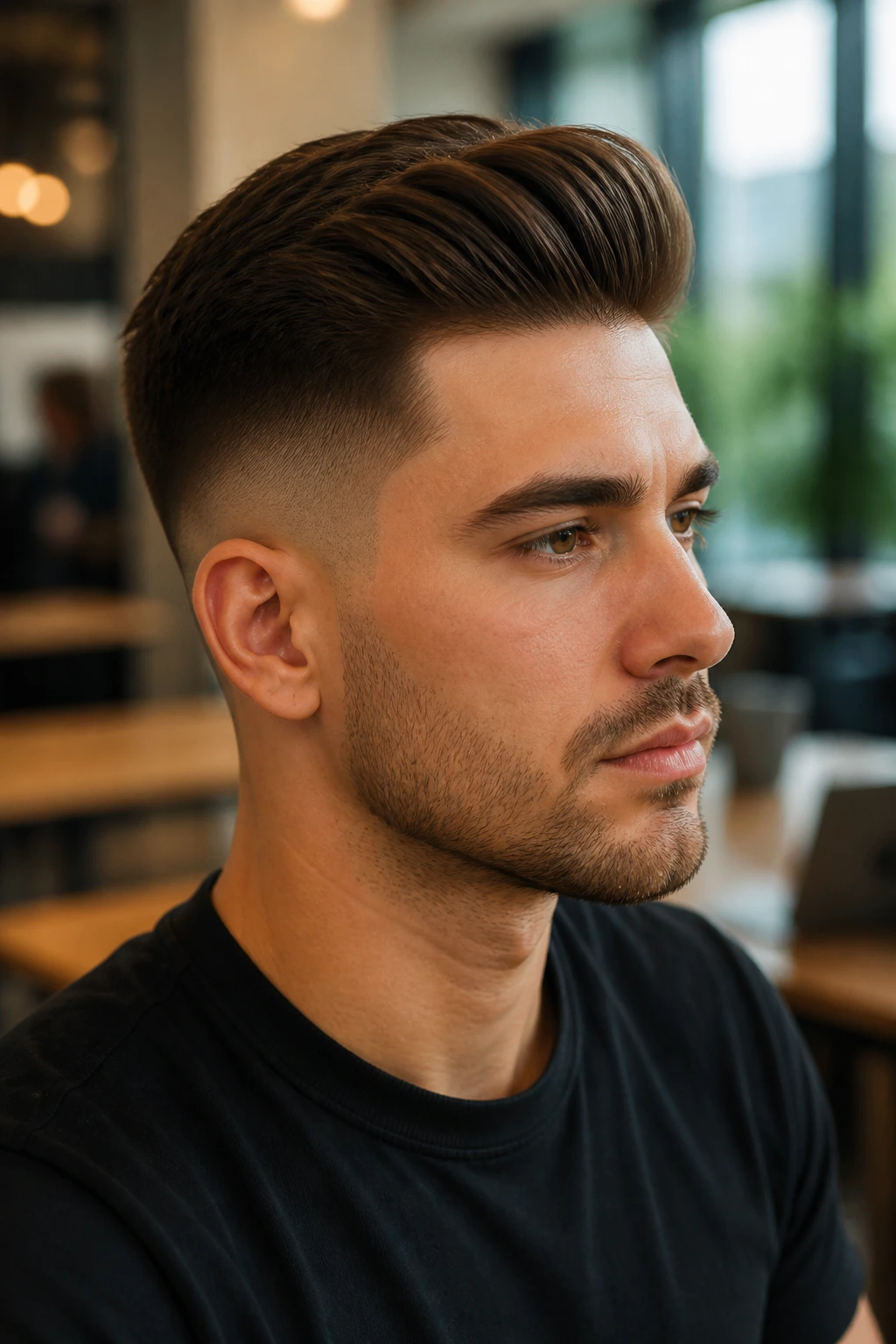 Portrait of man with voluminous comb-over and high taper in cafe setting