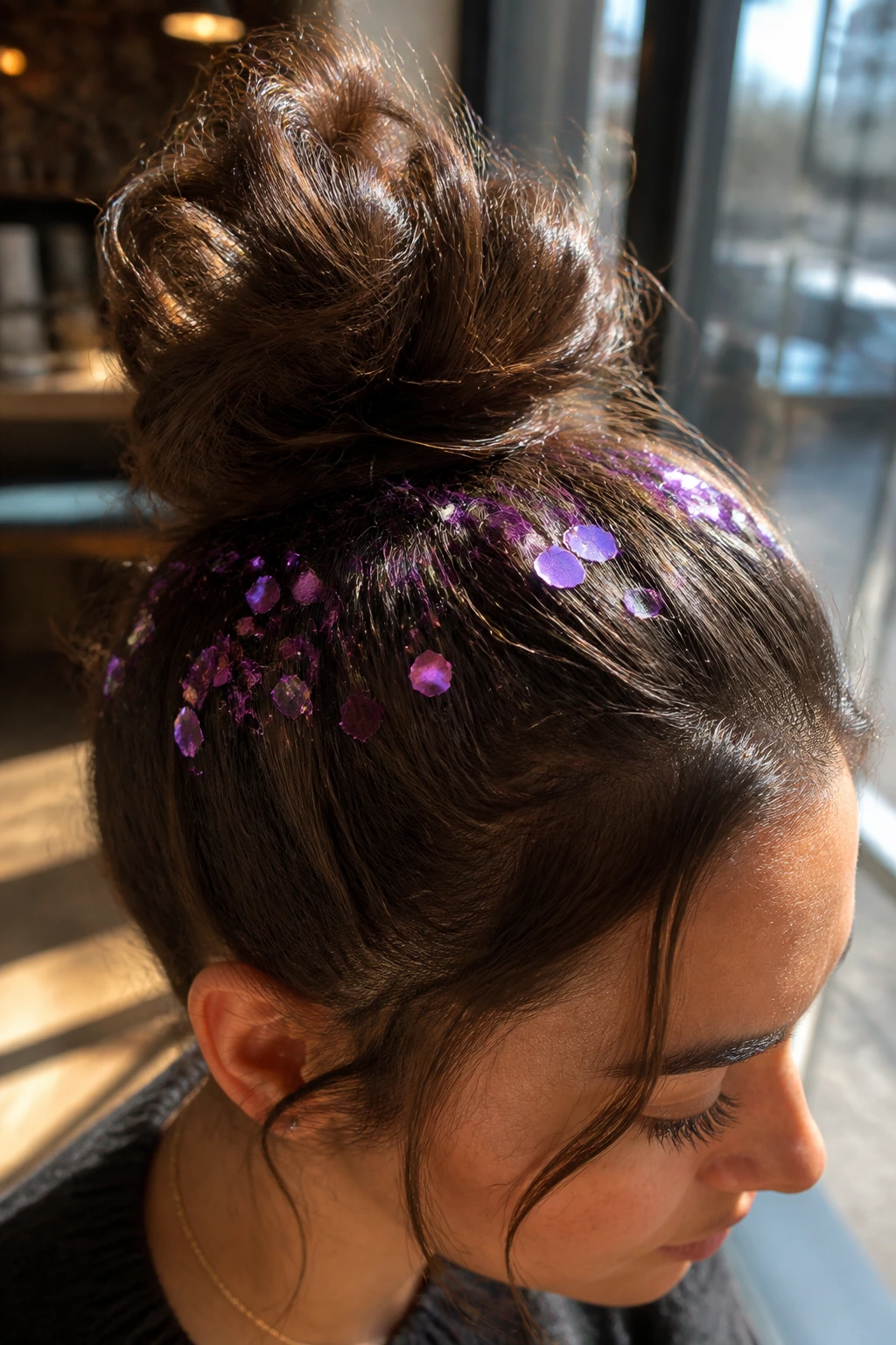 Close-up of a real woman's bun with large glitter flakes creating a confetti effect
