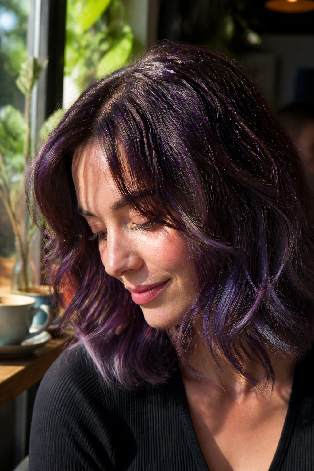 Close-up of a real woman with a constellation-like glitter sprinkle across her hair in a sunlit cafe setting