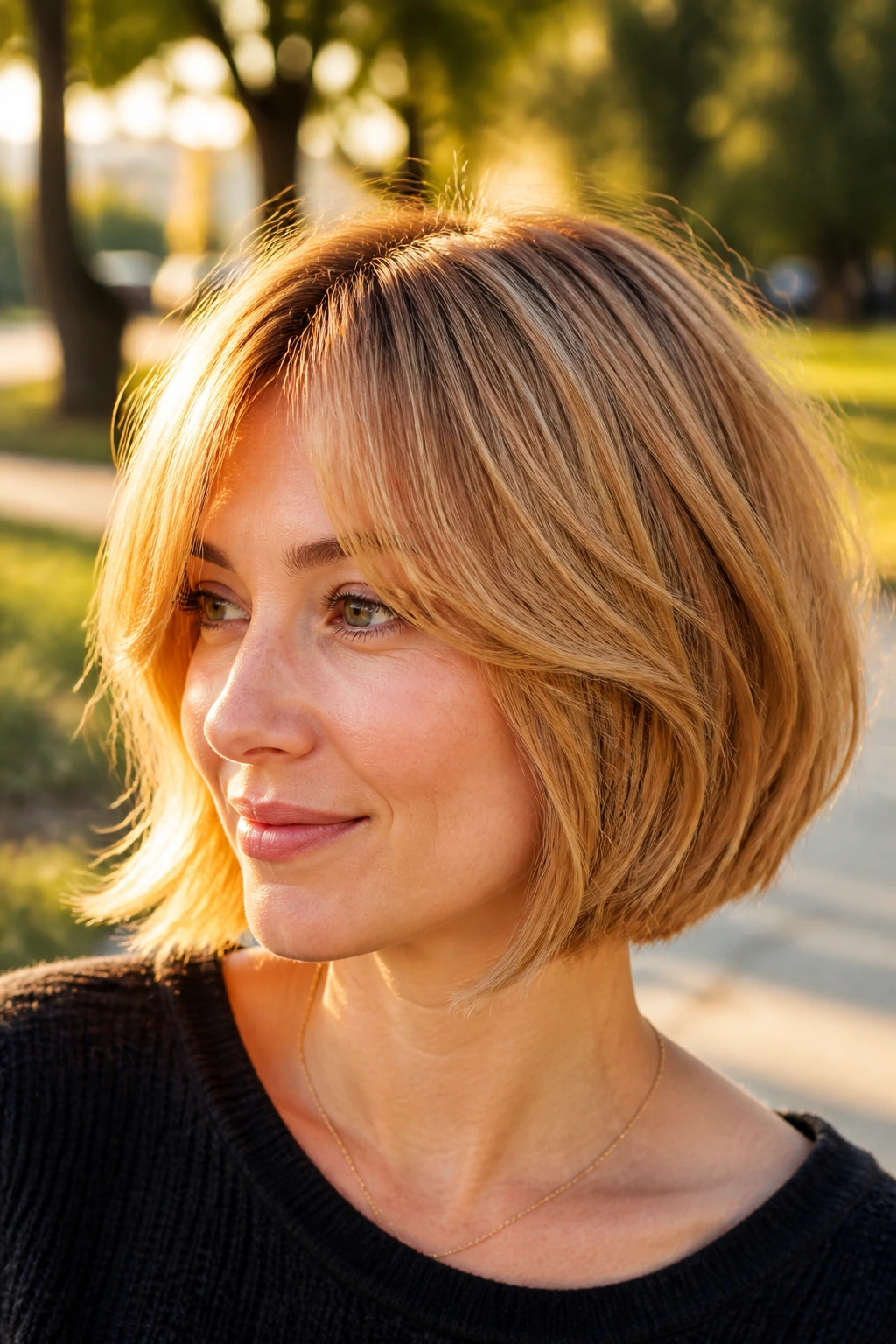 Close-up of a woman with copper blonde hair and face-framing layers in golden hour light