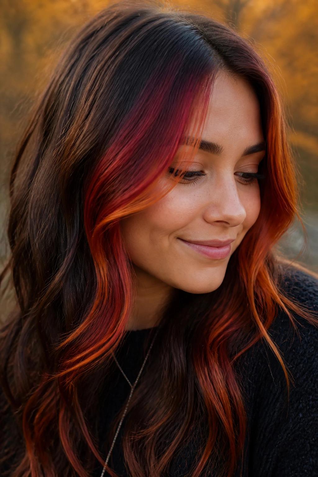 Real person with copper and crimson highlights framing the face