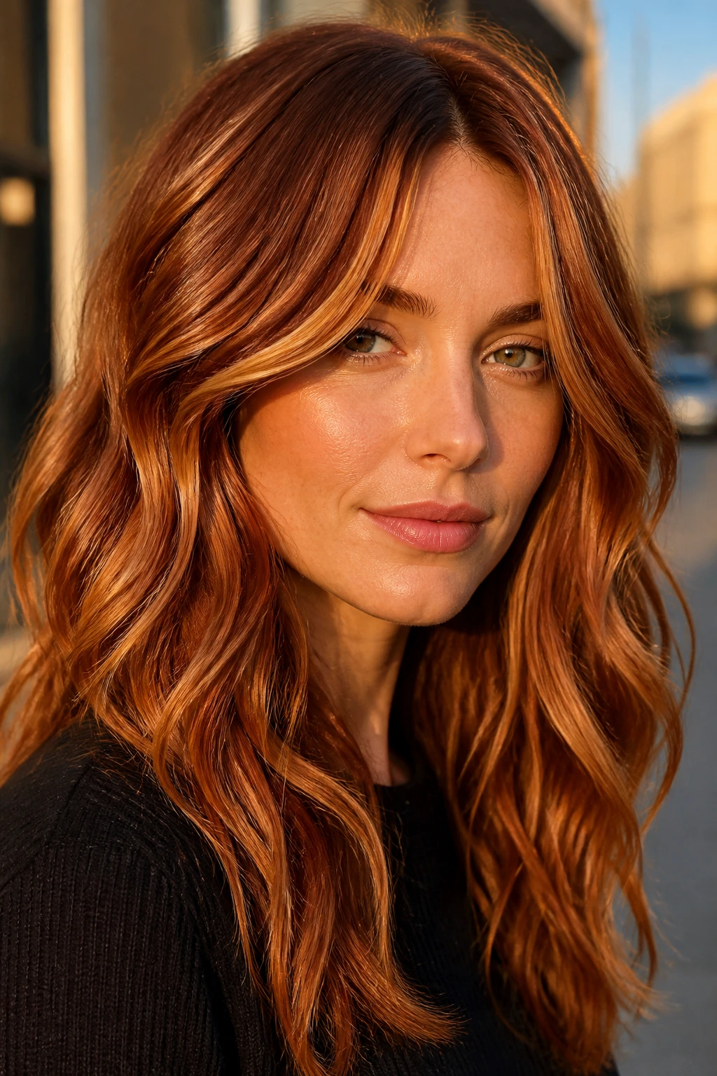 Close-up of copper frosting in red hair on a real person with urban golden-hour lighting