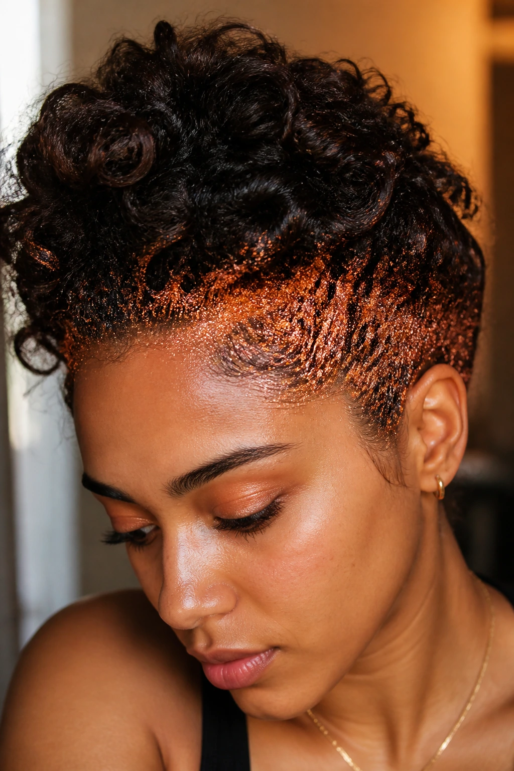Close-up of warm-thick hair with copper glitter fade at the hairline