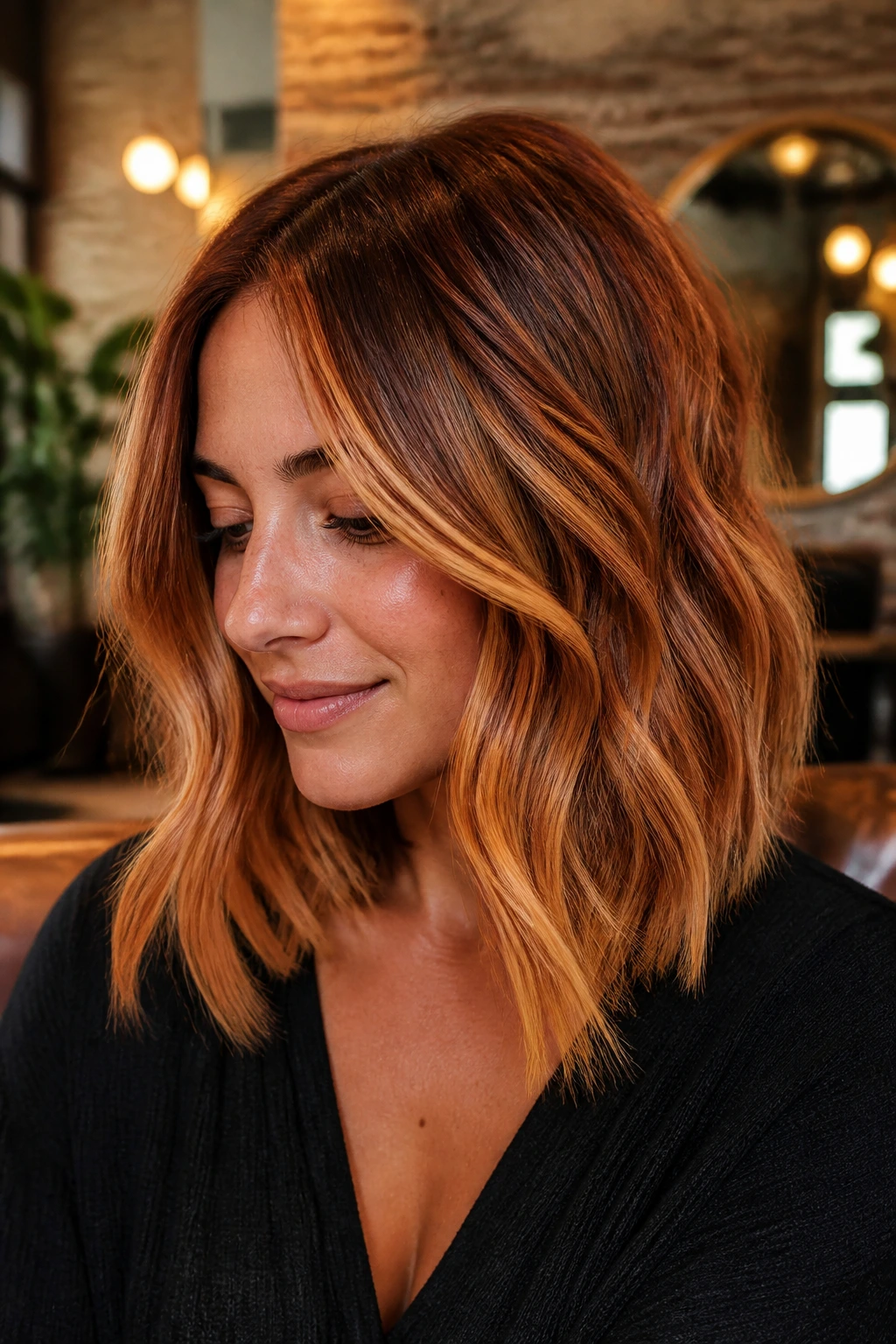 Real woman with copper and gold balayage long bob in warm salon