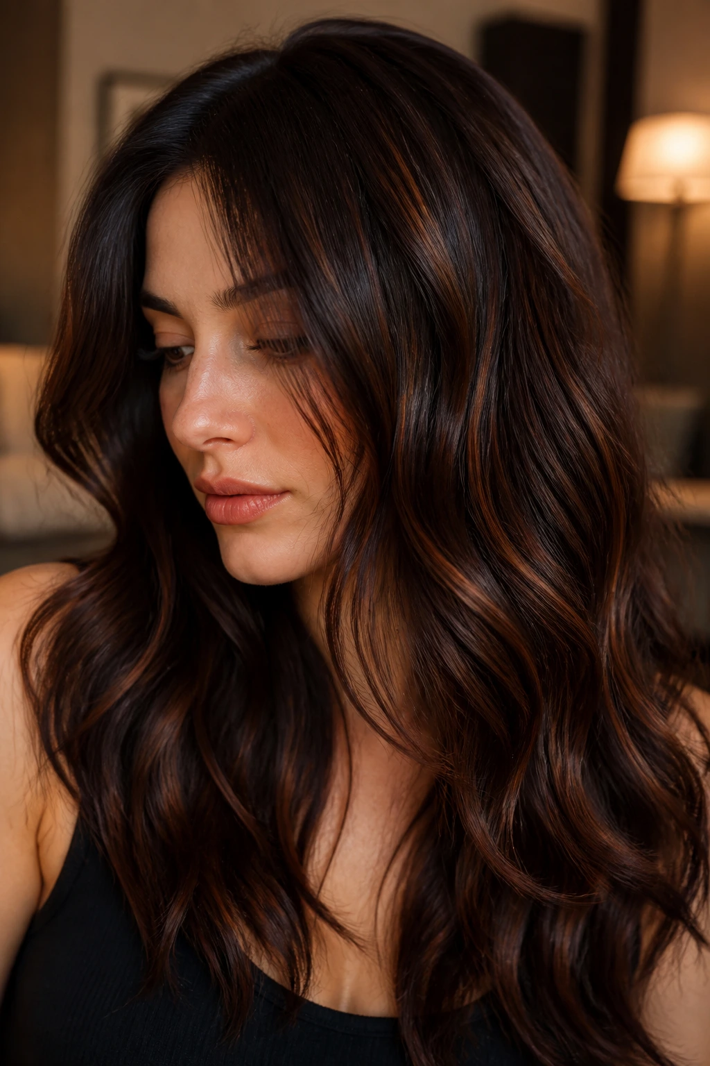 Hair with dark chocolate brown base and copper lowlights.