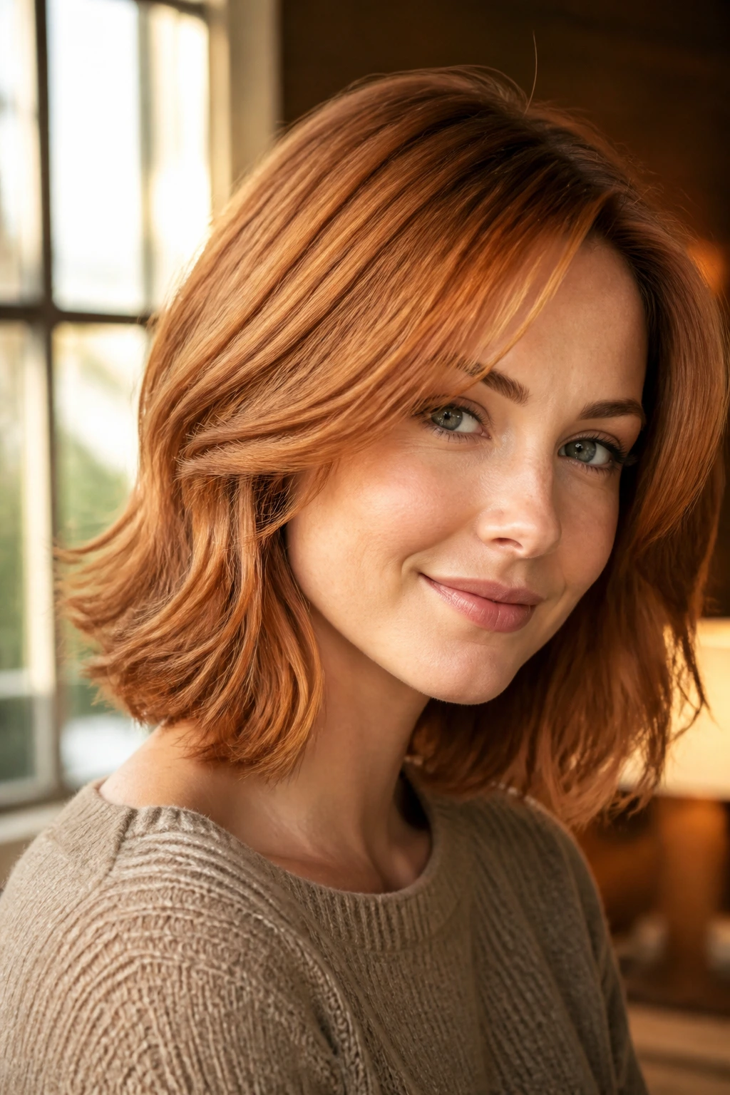 Close-up portrait of real person with copper penny hair under warm light.