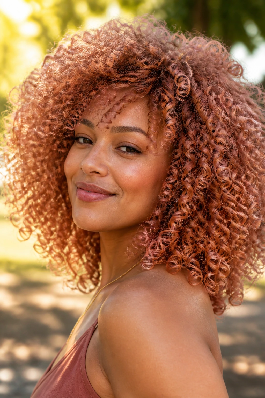 Coarse curls with copper-rose gold color in sunlight