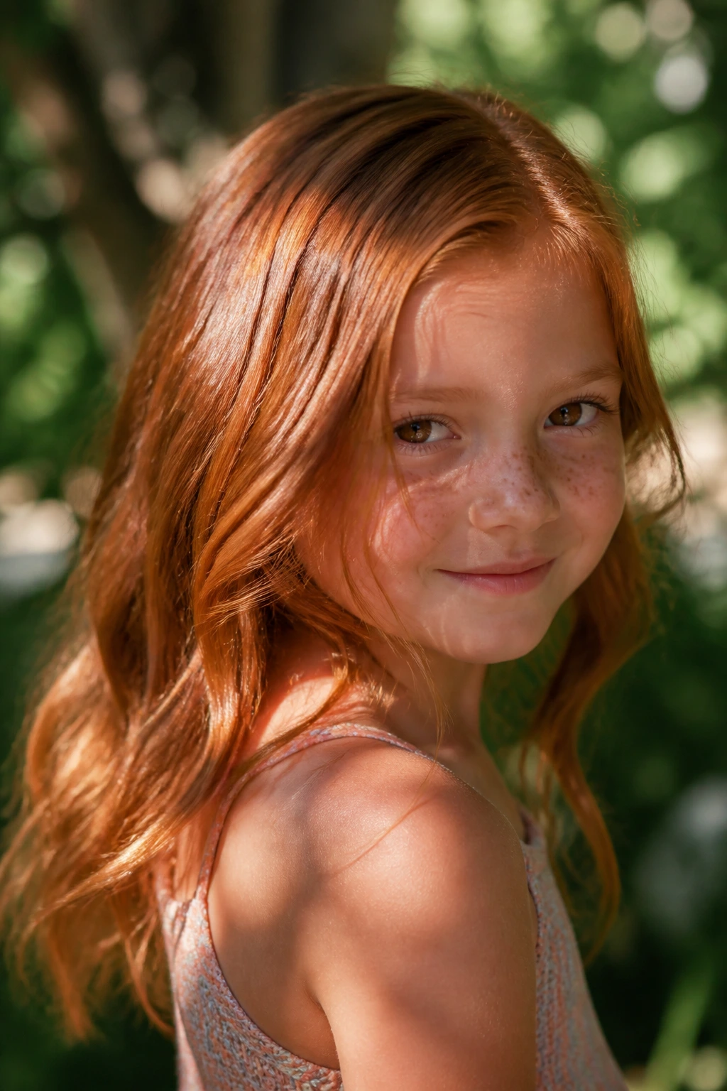 Close-up of a child with copper tones hair in warm sunlight