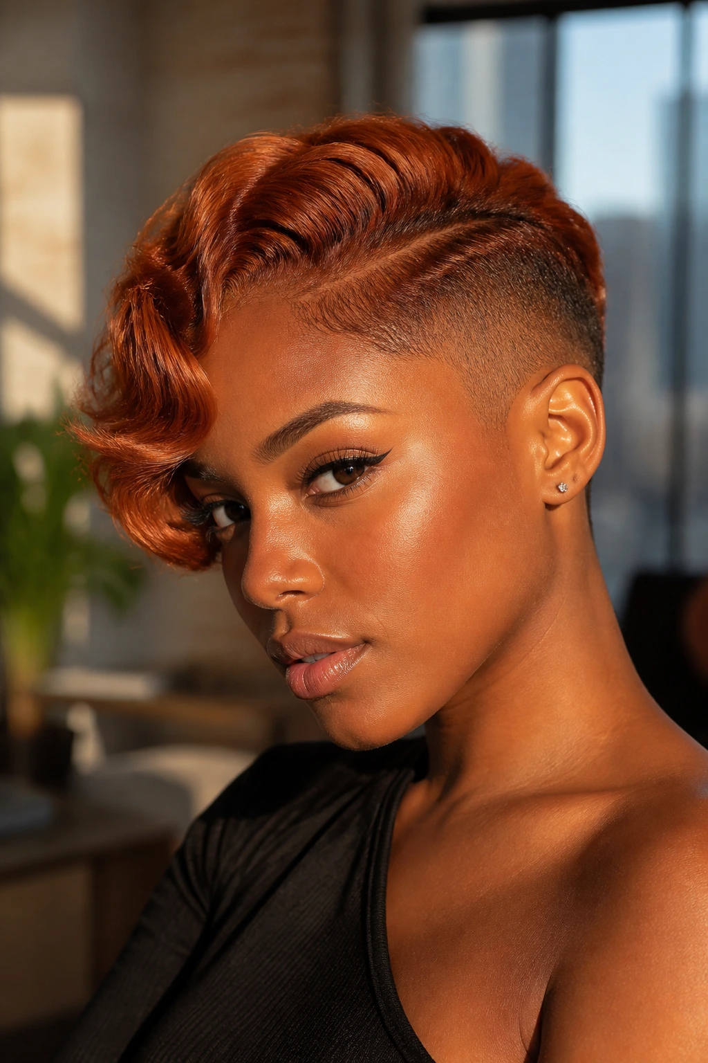 Close-up of a real person with copper waves and tapered fade in warm indoor light