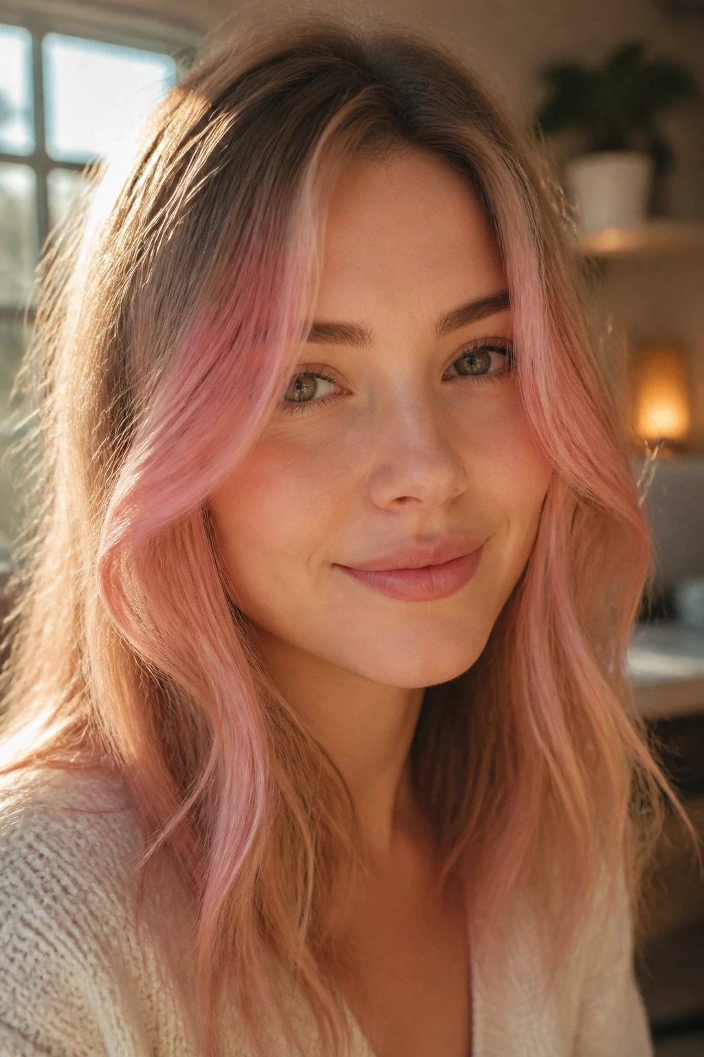 Real person with coral-pink face-framing color around the face