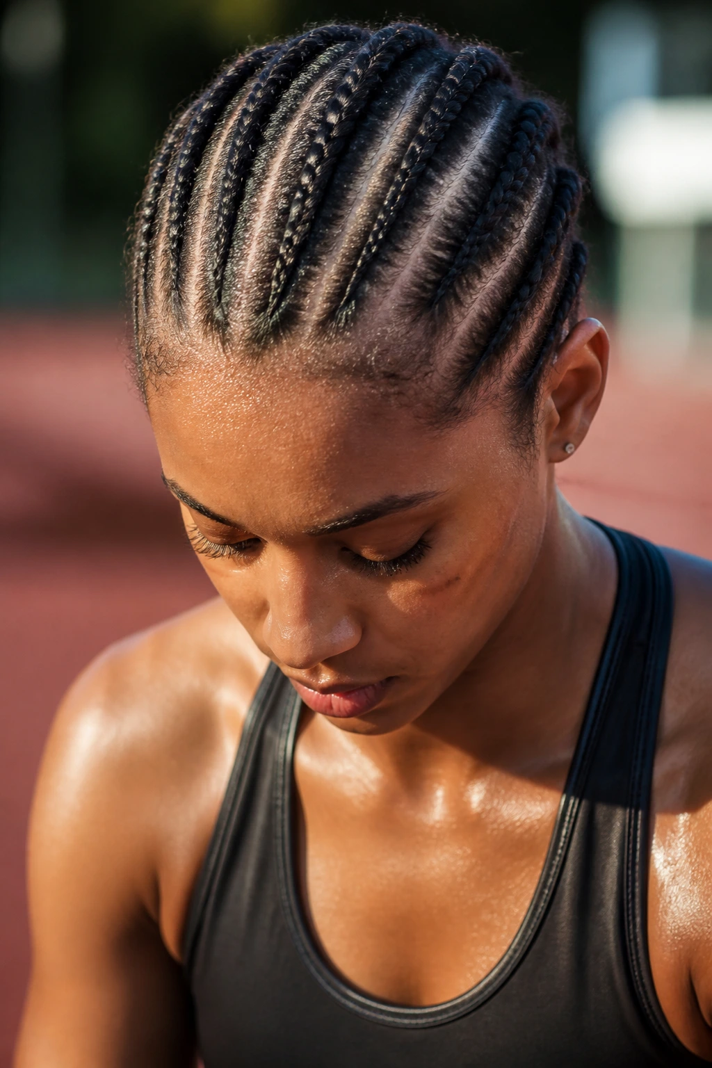 Close-up of a person with neat cornrows for workouts