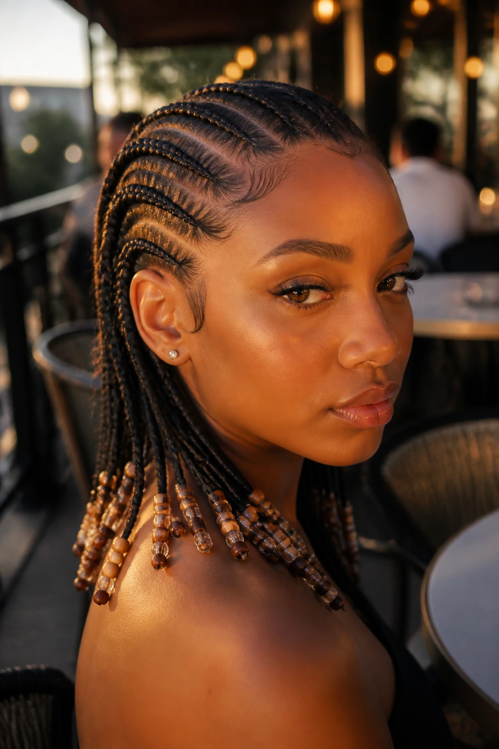 Real person with cornrows ending in beads at a cafe during golden hour