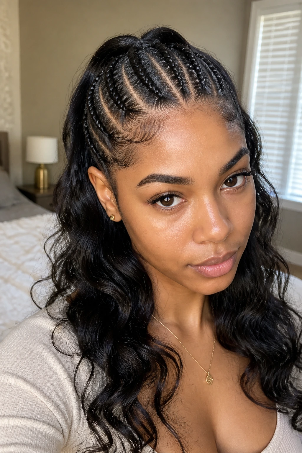 Close-up of a real woman with half-up crown cornrows and loose back hair