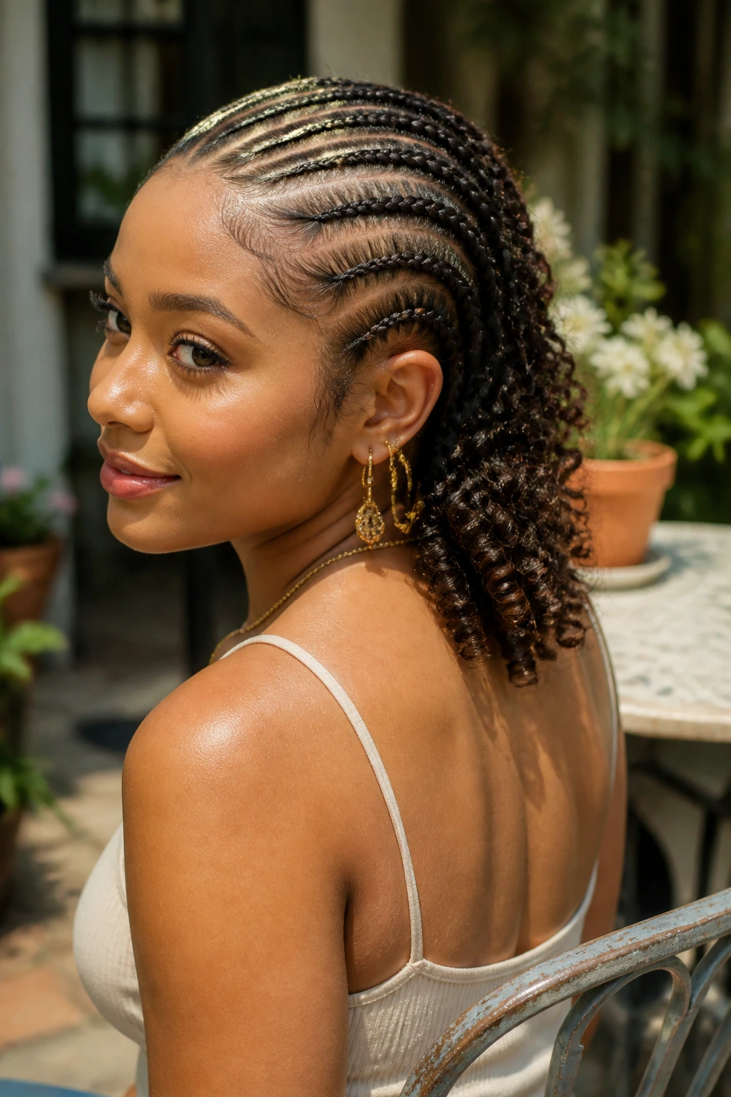Close-up of cornrows transitioning into curly ends at the nape
