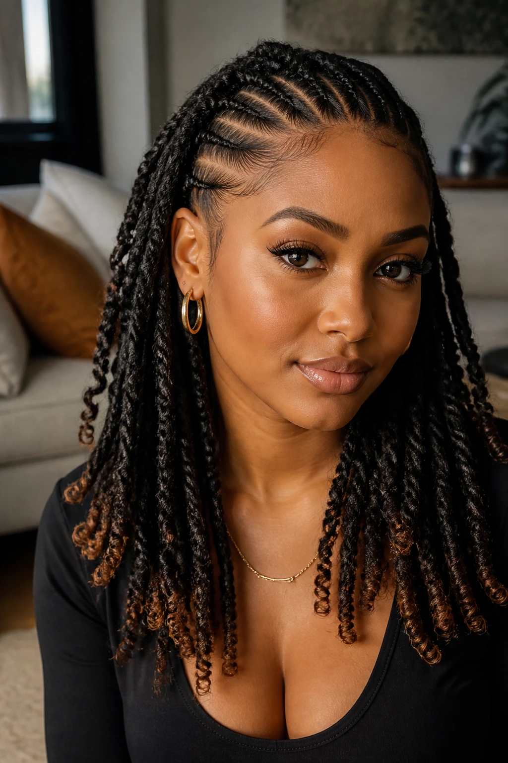 Close-up portrait of cornrows transitioning into faux locs on a real woman, warm window light